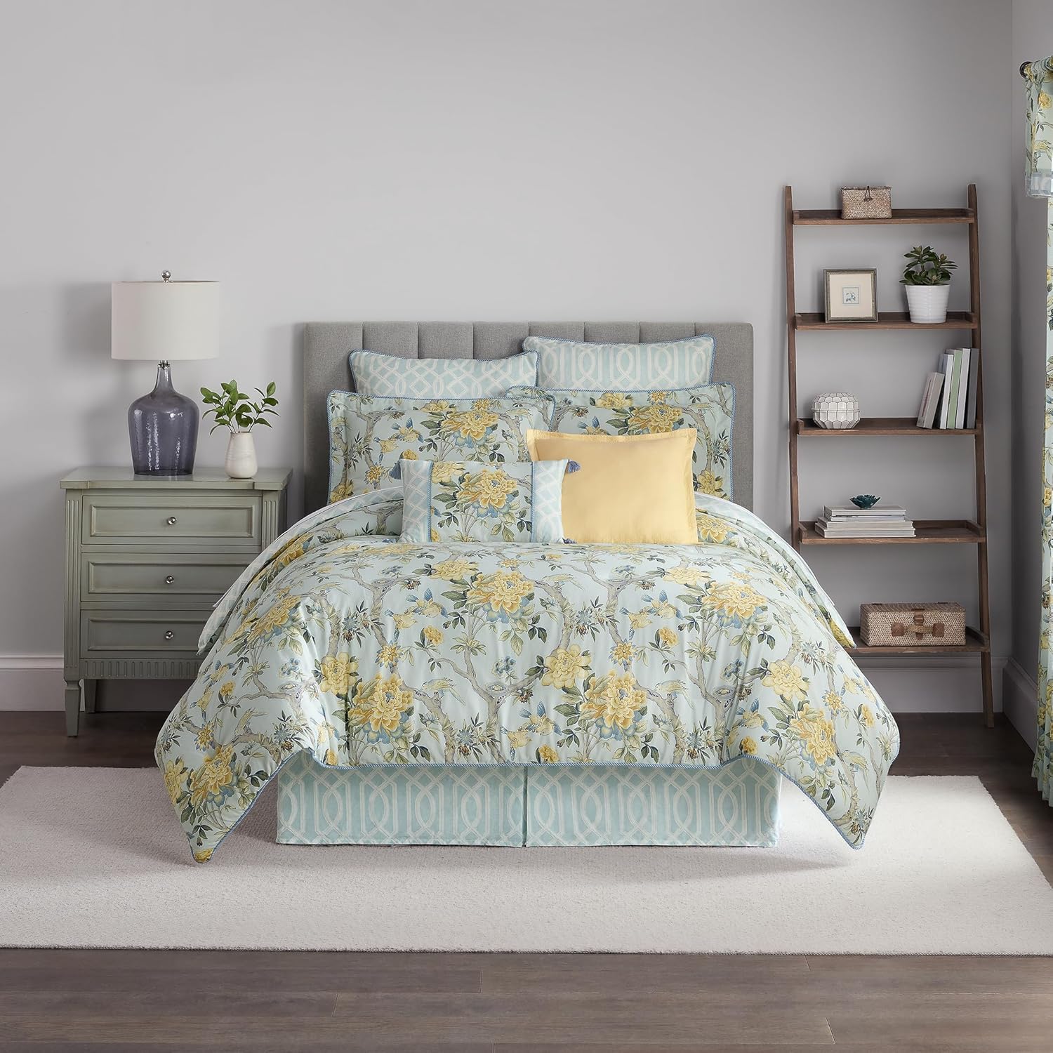 Waverly Peony Gardens 4 Piece Cotton Comforter Set, Embellished All Season Bedding, includes One Comforter, One Bed Skirt and Two Pillow Shams, Machine Washable Queen Bed Set, Blue