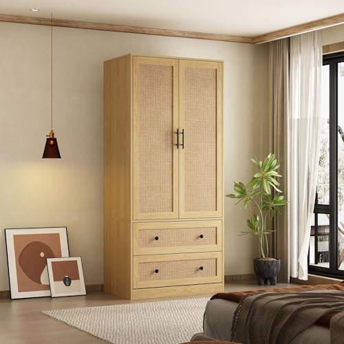 FAMAPY 2 Rattan Door Wardrobe Closet with 2 Drawers and Shelves, Farmhouse Armoire Wardrobe Closet with Hanging Rod, Black Metal Handles, Closet for Bedroom Oak (31.5”W x 19.7”D x 70.9”H)