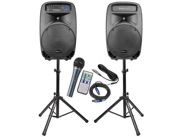 Knox Dual 15x22 Speakers, 600 Watt - 8 Piece Portable PA System - Microphone, Tripods, Remote Control