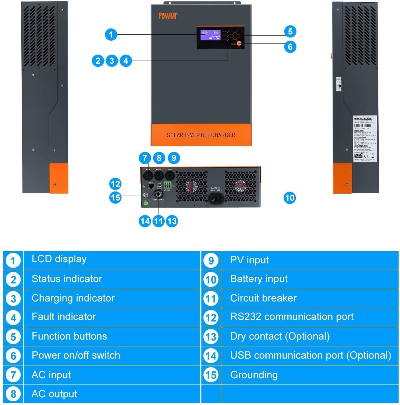 PowMr 5500W Hybrid Inverter 48V Pure Sine Wave Inverter Low Frequency Inverter DC 48V AC to 220V-230V AC Hybrid Solar Inverter Work Without Battery and Nine inverters in Parallel Solar Inverter