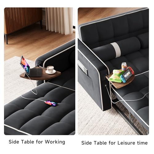 3 in 1 Sleeper Sofa Bed - Convertible Love Seat Couch with Side Table, Tufted Futon Sofa w/Pullout Bed, Adjustable Backrest, Cylinder Pillows, Small Sofa for Living Room, Apartment (Orange)