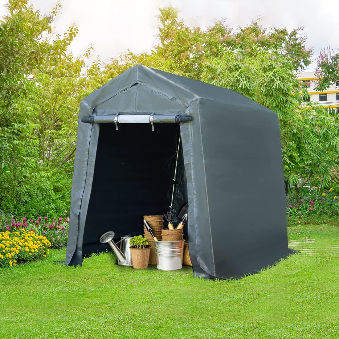 ADVANCE OUTDOOR 10x10 ft Heavy Duty Outdoor Patio Anti-Snow Portable Canopy Storage Shelter Shed Carport with 2 Roll up Zipper Doors & Vents for Snowmobile Garden Tools, Gray