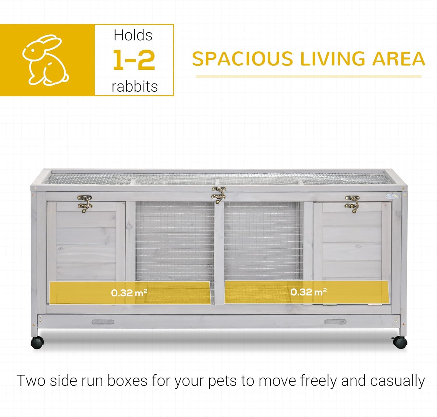 Wooden Rabbit Hutch, Bunny Cage with Wheels, Dividers, Openable Roof, Removable Trays, Small Animal Cages for 1-2 Rabbits, Indoor Outdoor Use, Light Gray
