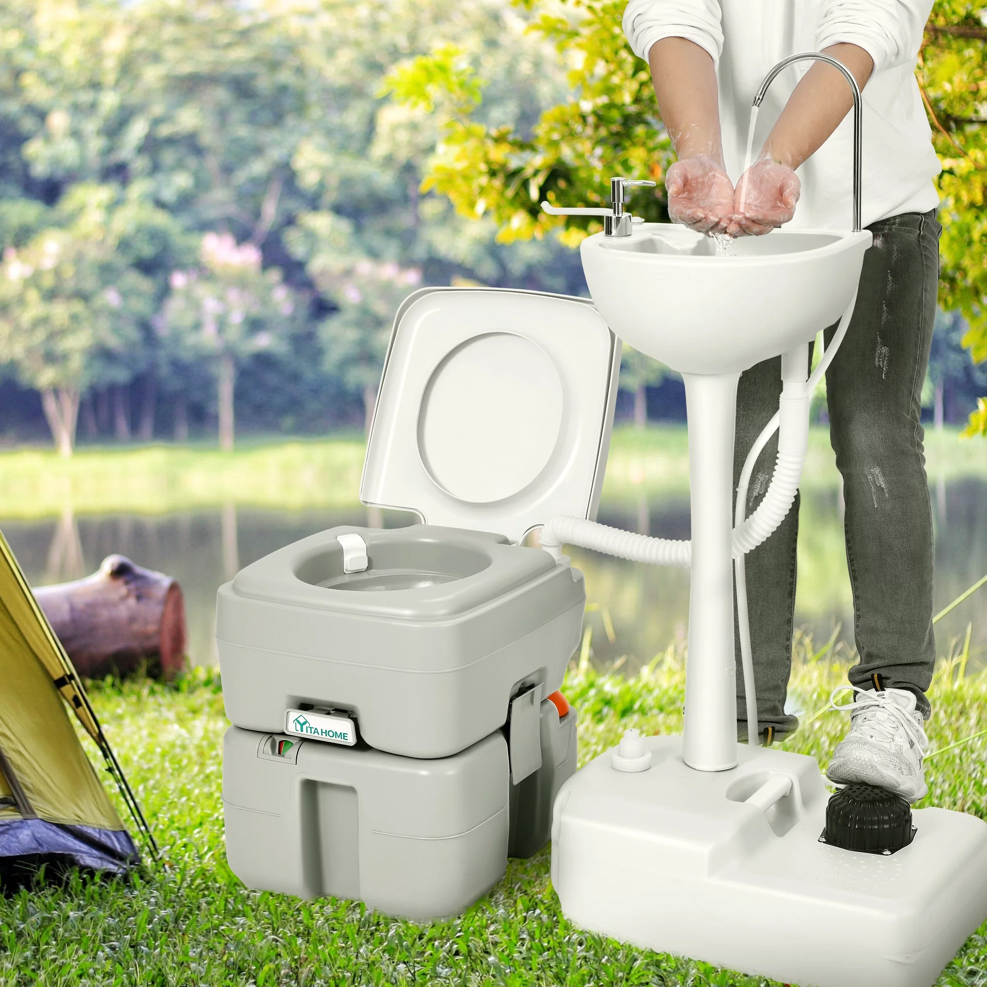 Dextrus 5.3 Gallon Portable Toilet and 17L Portable Camping Sink Hand Wash Basin Station & Flush Potty for Outdoor,Camping, RV Toilet