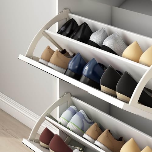 White Shoe Cabinet, Shoe Organizer Cabinet with Hanger, Slim Hidden Shoe Rack Cabinet, Freestanding Shoe Storage Cabinet with 3 Flip Drawers & 2 Sliding Drawers for Entryway, Hallway
