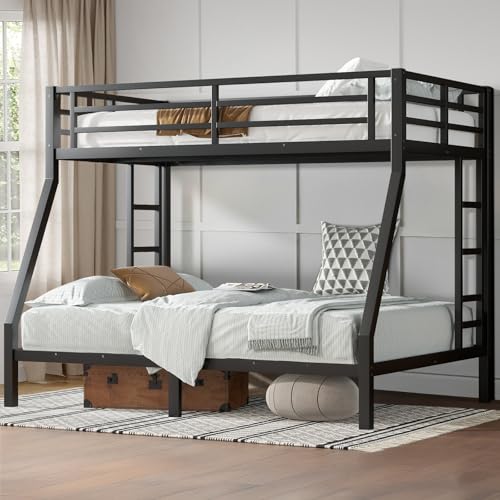 Twin XL Over Twin XL Bunk Bed, Metal Bunk Bed Frame Heavy Duty Bunk Beds Loft Bed Frame with Ladder and Guardrail Metal Slats No Box Spring Required for Adults Teens, Black