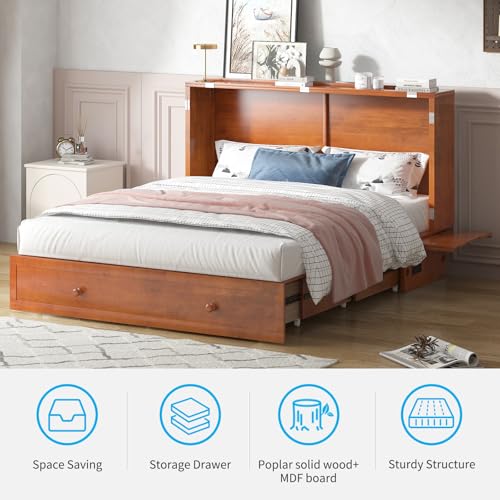 Mjkone Queen Size Murphy Bed with Tri-Folding Mattress, Charging Station, Modern Cabinet Bed with Drawers, Multifunctional Design Wall Murphy Beds for Living Room, Apartment (Cherry Pattern H)
