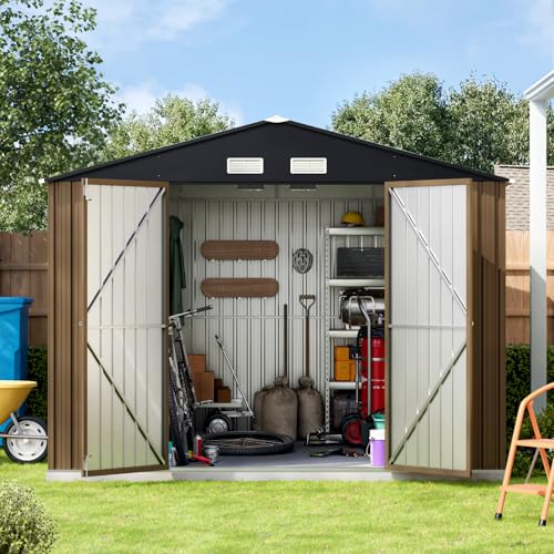 10X12X7.5 FT Outdoor Steel Storage Shed with Lockable Doors, 2 Windows, Transparent Roof Panels (Wood Panels & Frame Floor Not Included), Ideal for Patio Storage,Garbage Can, Chicken Coop，Brown