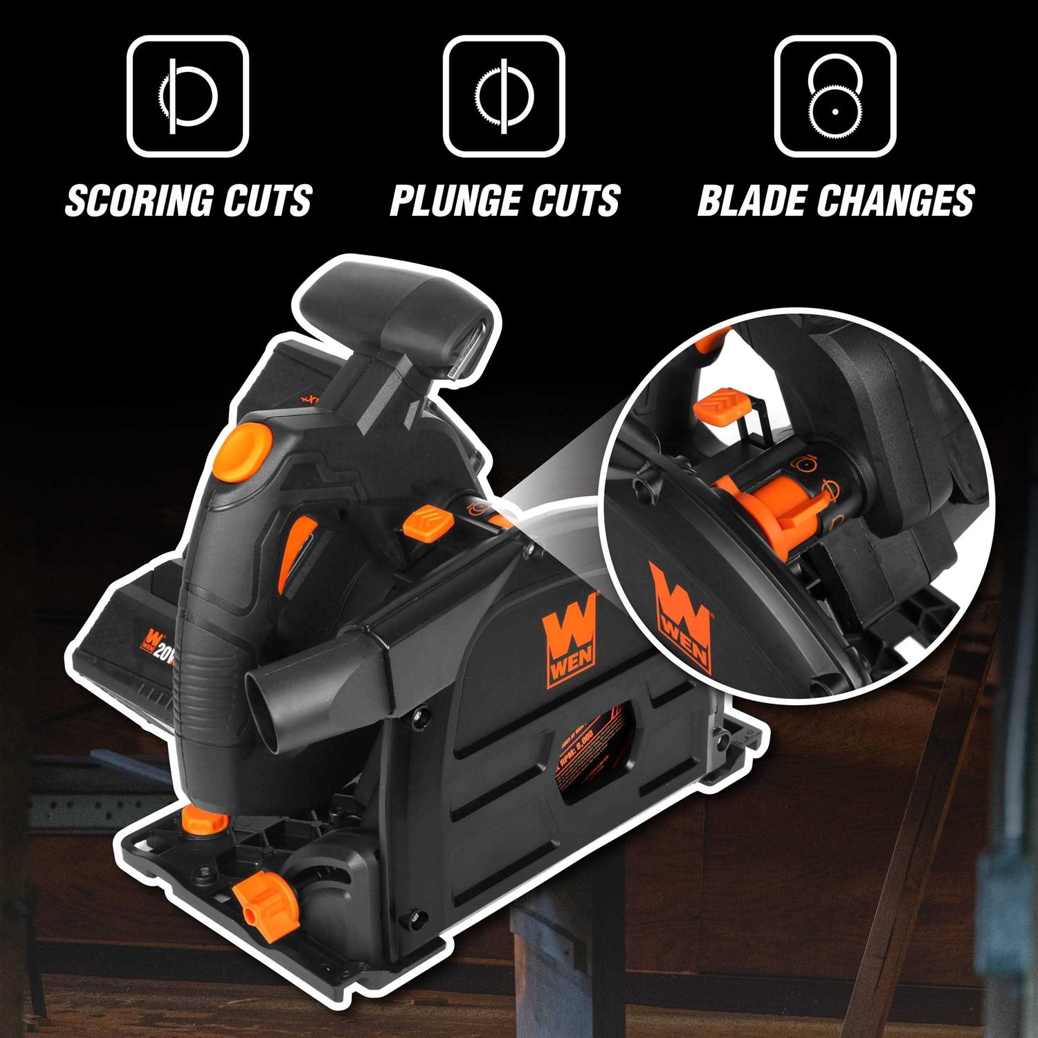 WEN 20V Max 6.5-Inch Cordless Brushless Plunge Cut Variable Speed Track Saw with Two 4.0 Ah Batteries and Charger