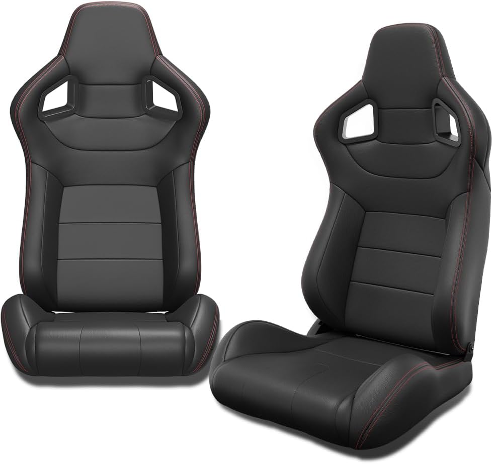 2PC Universal Bucket Red Stitch PVC Leather Racing Seats Reclinable Adjustor Slider Carbon Look Back Racing Seats (Not Including Seat Bracket)