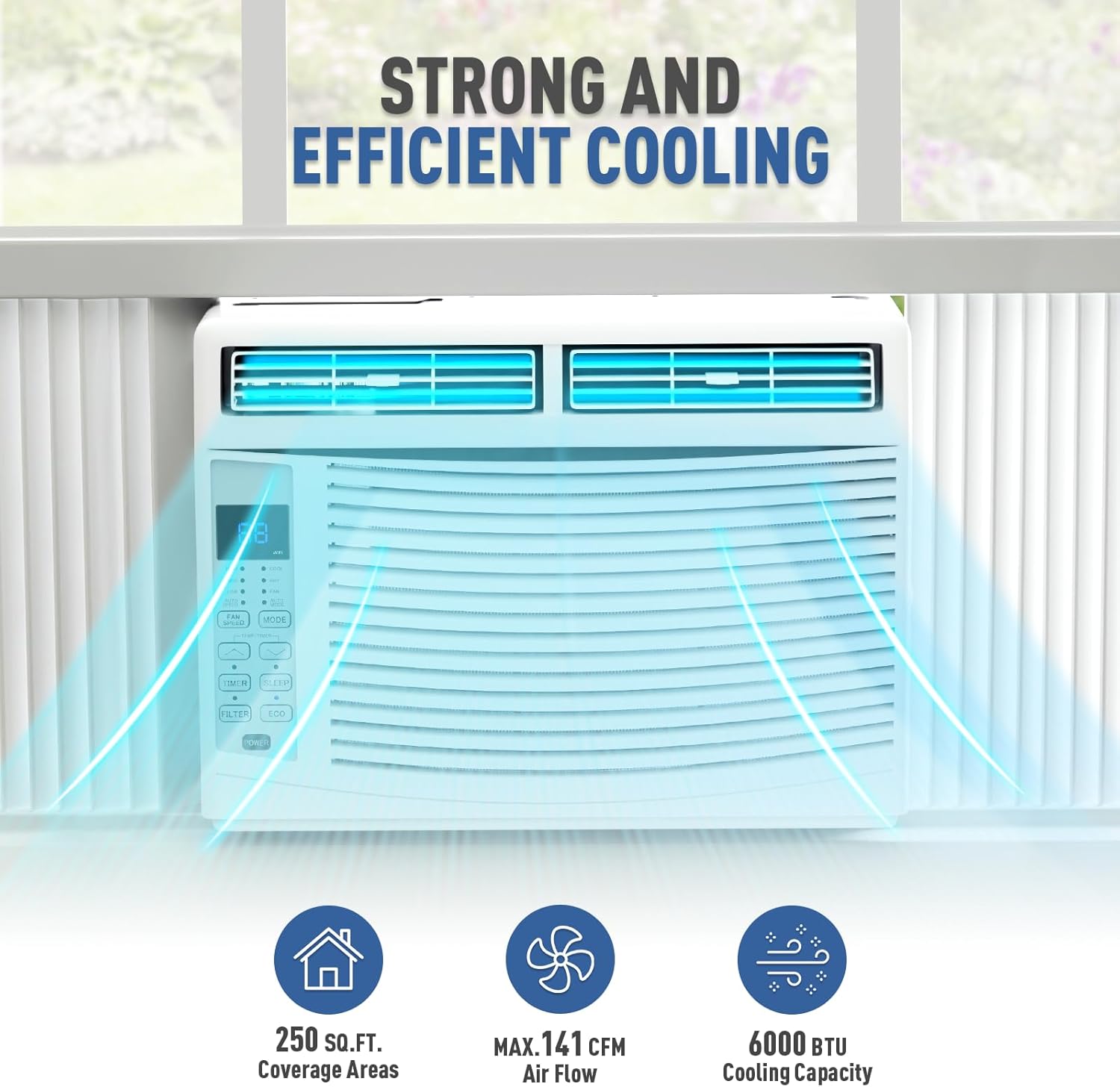 6000 BTU 115V Smart Window AC for Rooms up to 250 sq.ft. Quiet Operation Window-Mounted AC Unit with Remote Control, Dehumidifier, Washable Filter and Timer for Bedroom Living Room