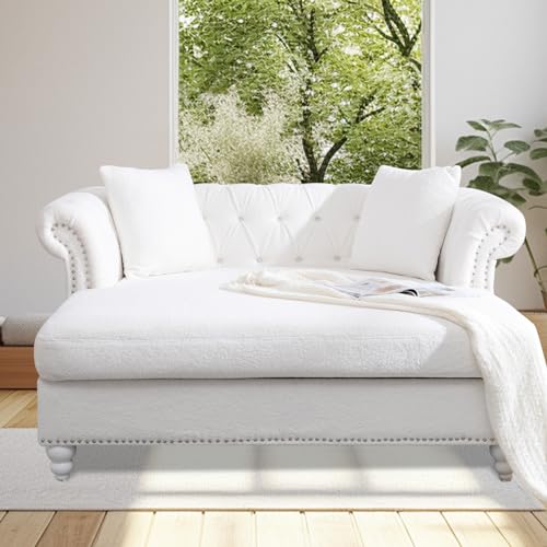 63" Chesterfield Double Chaise Sofa, Velvet Chaise Lounge Chair Indoor with 2 Pillows andRolled Arm Oversized Loveseat Sofa (White)