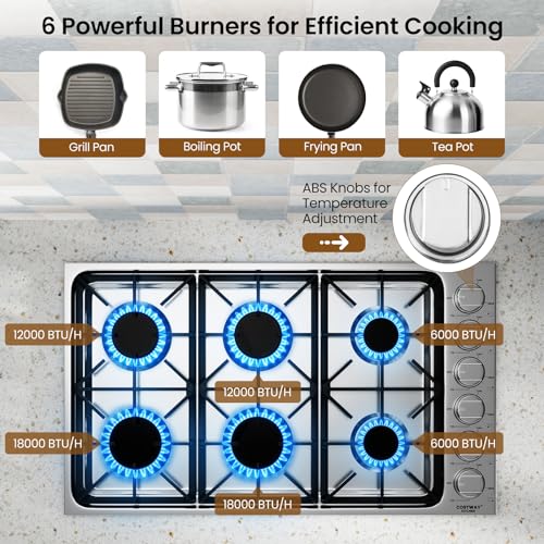 COSTWAY Gas Cooktop, Stainless Steel Gas Stove Top with Burners, ABS Knobs and Cast Iron Grates, NG/LP Convertible Gas Range Top with Sealed Burners for Kitchen, Easy to Clean, Silver