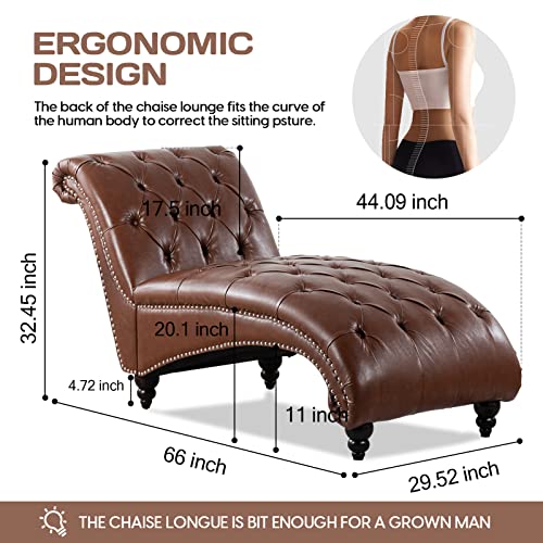 Modern Leather Lounge Chair with Nailhead Trim，Elegant Living Room Lounge Chair for Indoor Bedroom,Button Tufting Chaise Lounge Indoor. (Brown Leather)