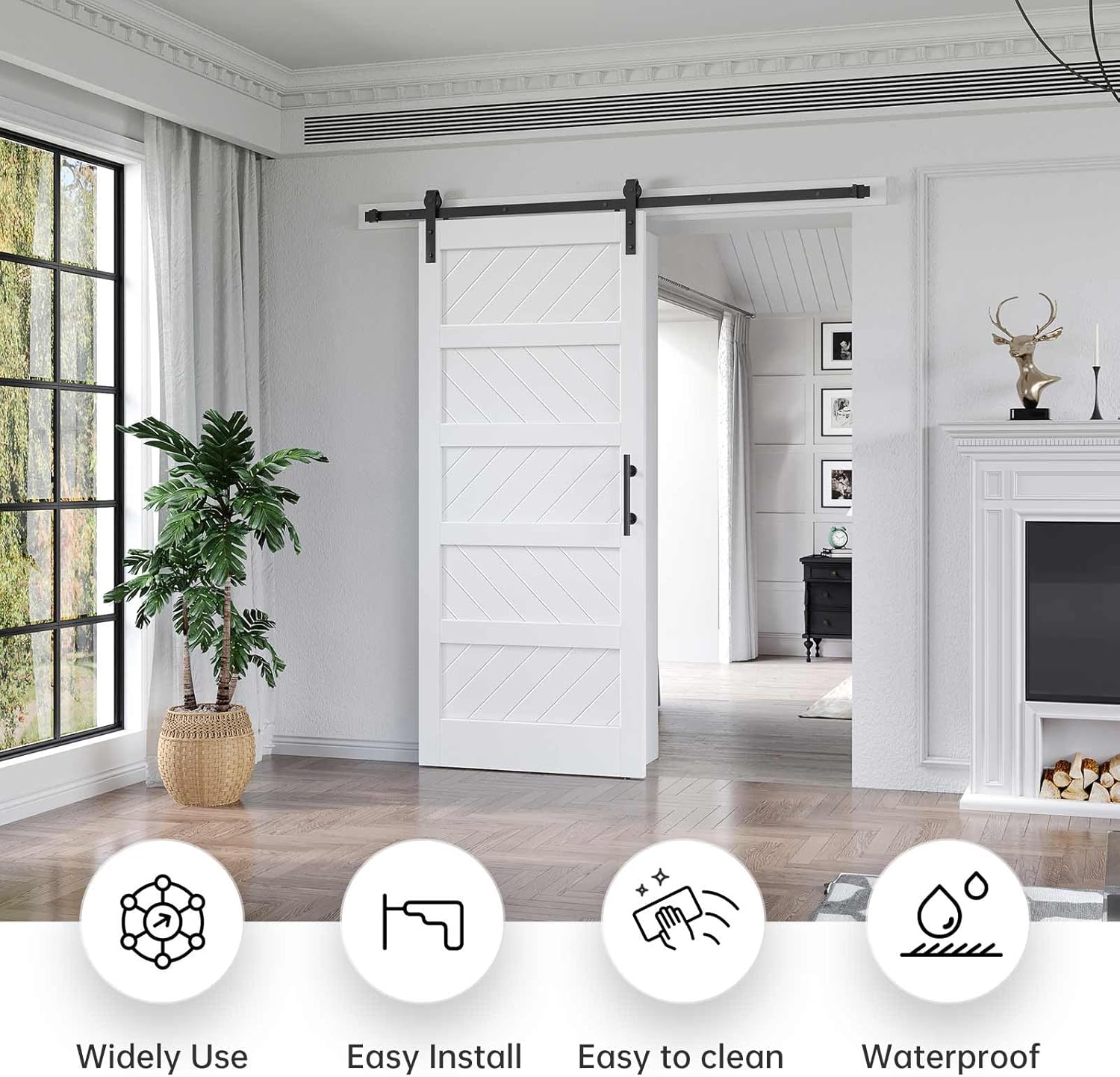 EaseLife 36in x 84in White Barn Door with 6.6 FT Sliding Door Hardware Track Kit Included,Solid MDF Wood Slab Covered with Water-Proof & Scratch-Resistant PVC Surface,DIY Assembly,Easy Install,5-Panel