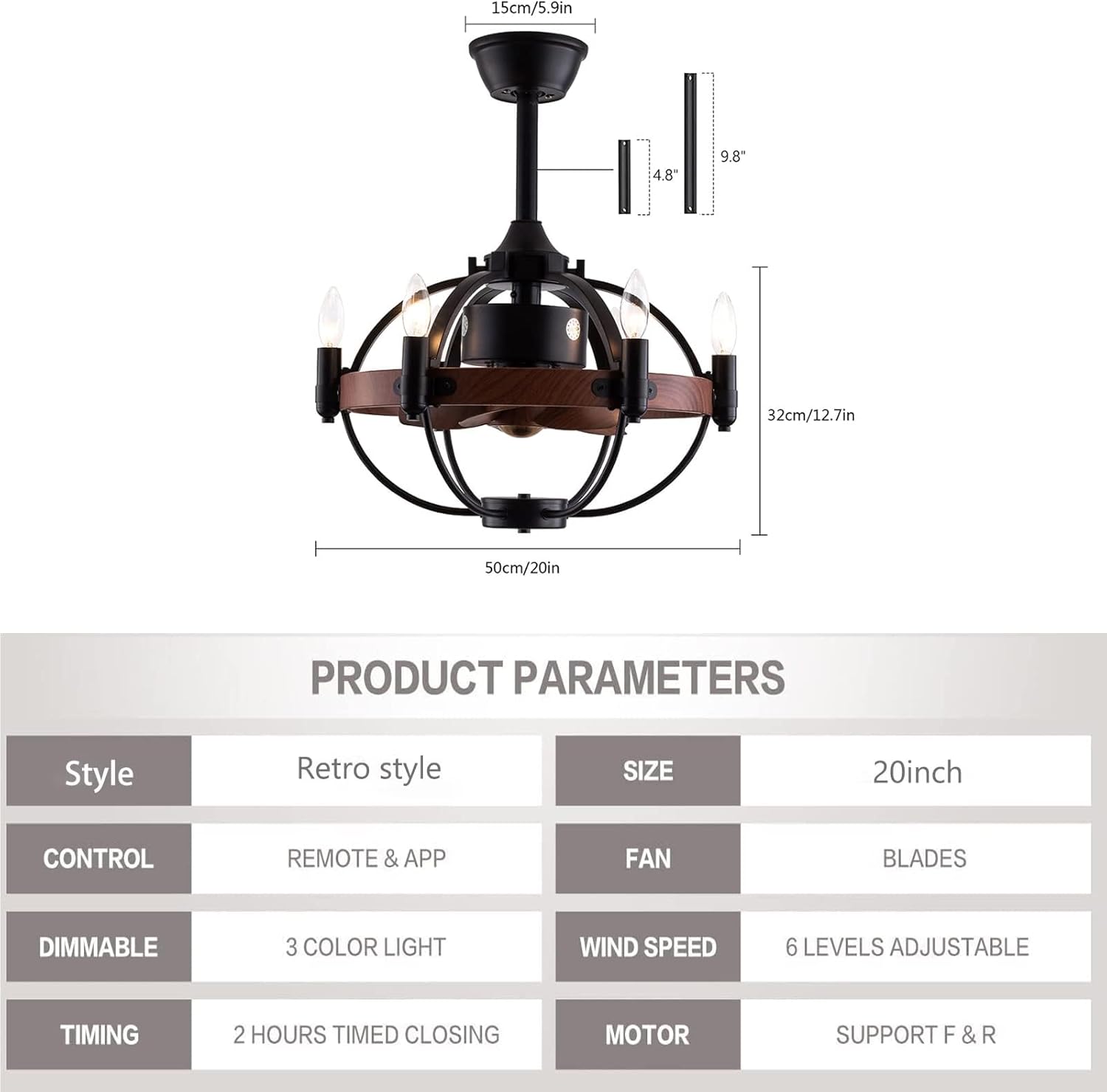 OUKANING Farmhouse Enclosed Ceiling Fan with Light Remote Control, Rustic Chandelier Fandelier with Lights, Reversible Modern Industrial Black Cage Ceiling Light Fixture（22 inches）