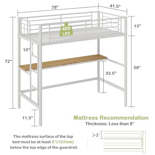 VECELO Metal Loft Bed Twin Size, Heavy Duty Bedframe with Removable Ladder and Safety Guardrail, Space-Saving, Noise Free, No Box Spring Needed, Off White