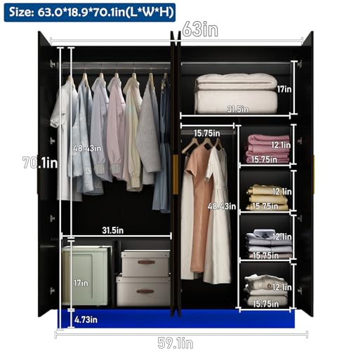 70in LED 4 Doors Armoires Wardrobe Closet&Cabinet with Metal Hanging Rod, Freestanding Bedroom Black Tall Armoires with RGB LED 60000-color Lights for Bedroom Office Clothes Organizer