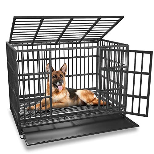54/48/42/38 inch Heavy Duty Indestructible and Escape-Proof Dog Crate Cage Kennel for Large Dogs, High Anxiety Dog Crate with Removable Wire Trays and Wheels, Extra Large XL XXL