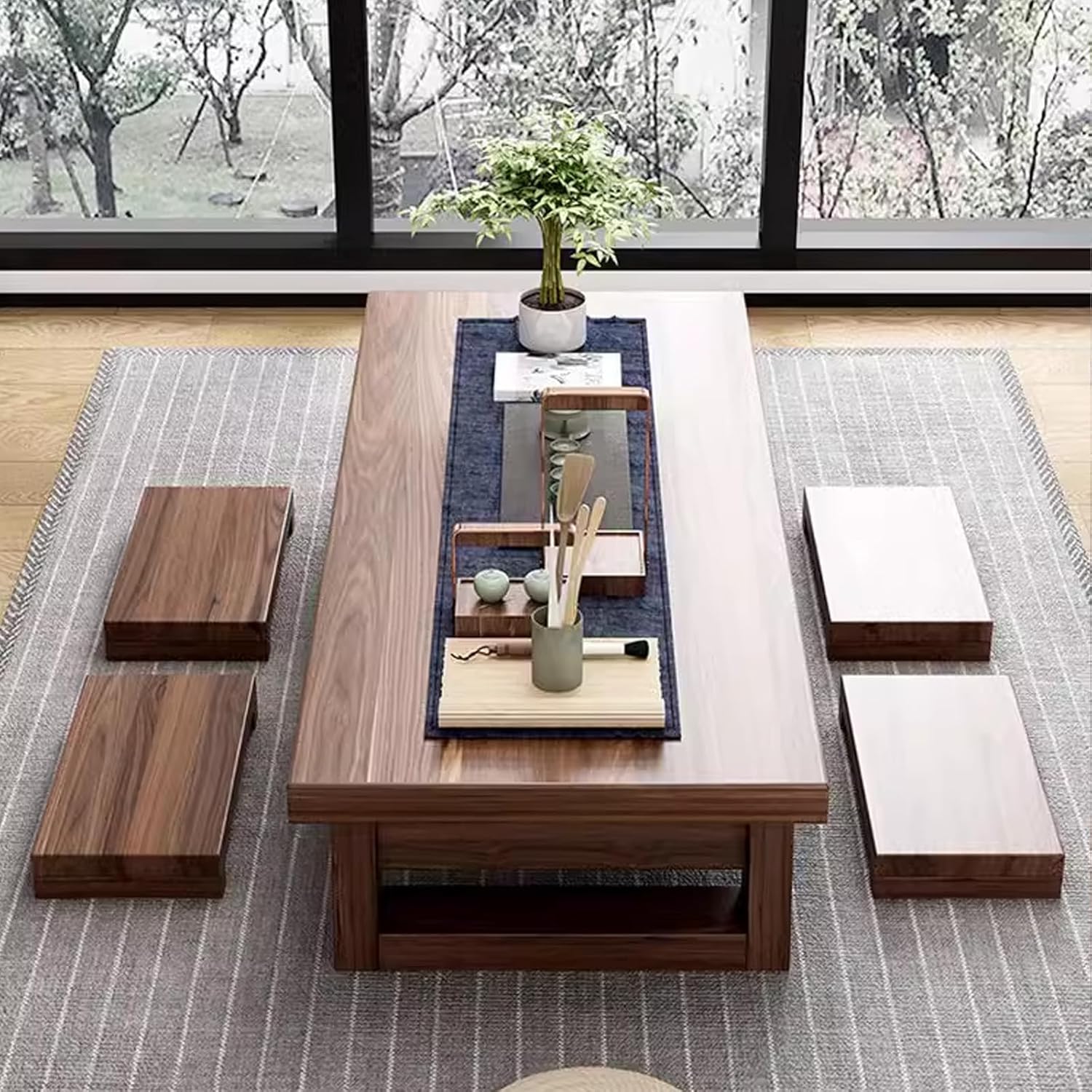 Japanese-Style Low Table, Solid Wood Tea Floor Table, Low Table for Floor Sitting Dining, Wooden Coffee Table Chabudai Furniture for Living Room, Reception Rooms, Tatami(Size:100cm