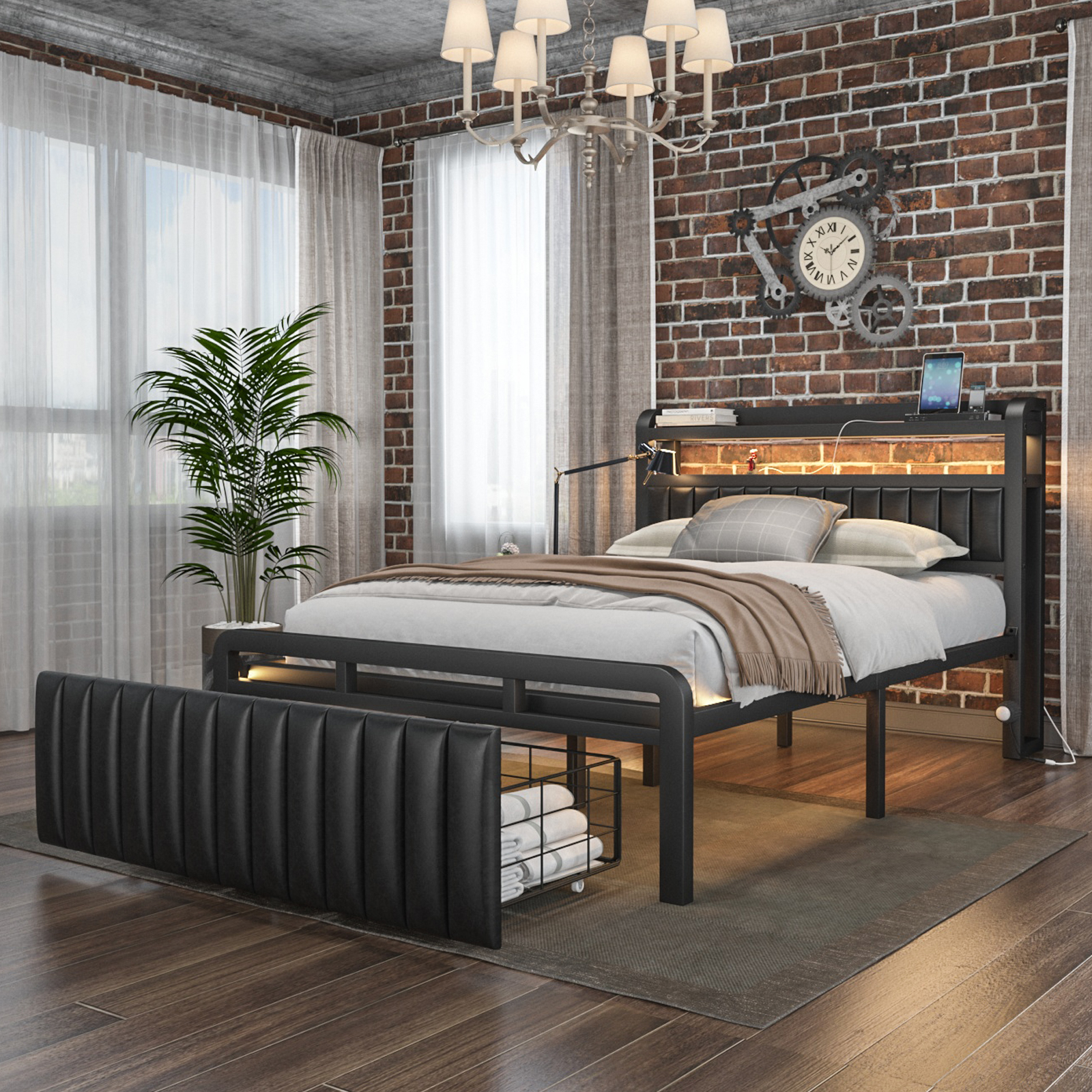 LoVinson Full Bed Frame with Storage Headboard and LED Sensor Lights, Upholstered Headboard with Charging Station, Metal Platform Bed with Drawers, Non-Slip, Noise-Free, Easy Assembly, Black