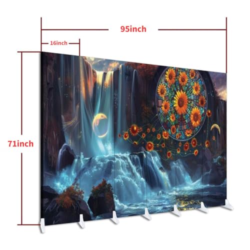 6 Panels Screen Room Divider Vibrant Stained Glass Sunflowers Ancient Stone Abbey Canvas Screen Indoor Folding Separator Freestanding Protective Wall Divider Privacy Partition