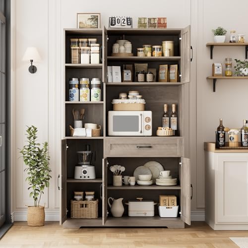 HOSTACK 71" Tall Kitchen Pantry Storage Cabinet, Farmhouse Food Pantry Cabinet with Microwave Stand, Barn Doors Kitchen Hutch with Large Drawer and Shelves for Dining Room, Ash Grey