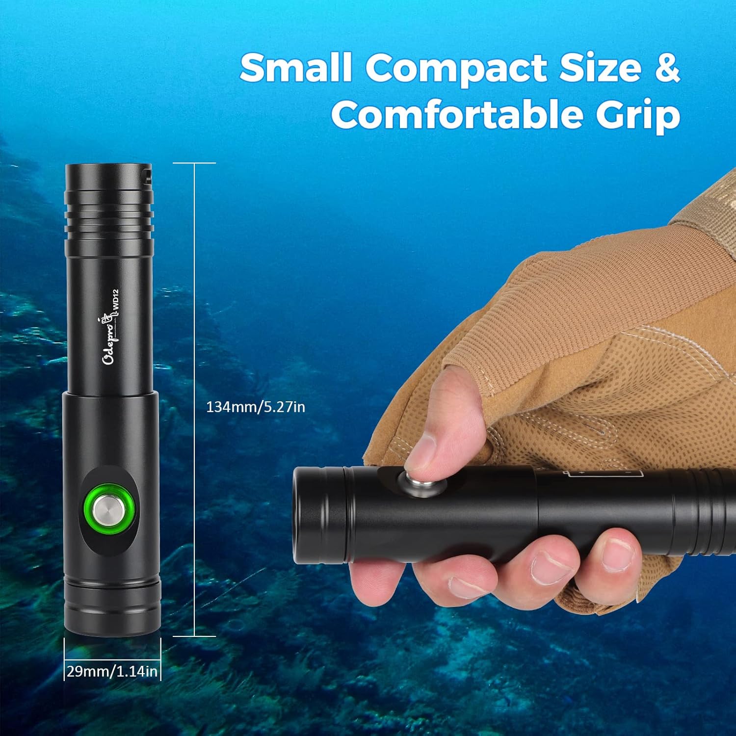 Odepro WD12 Scuba Diving Light 1050 Lumen Super Bright Compact Dive Lights with 3 Modes, IP68 Waterproof Submarine LED Flashlight with Battery Indicator, for 150m Underwater Diving, Fishing, Camping Pack of 2