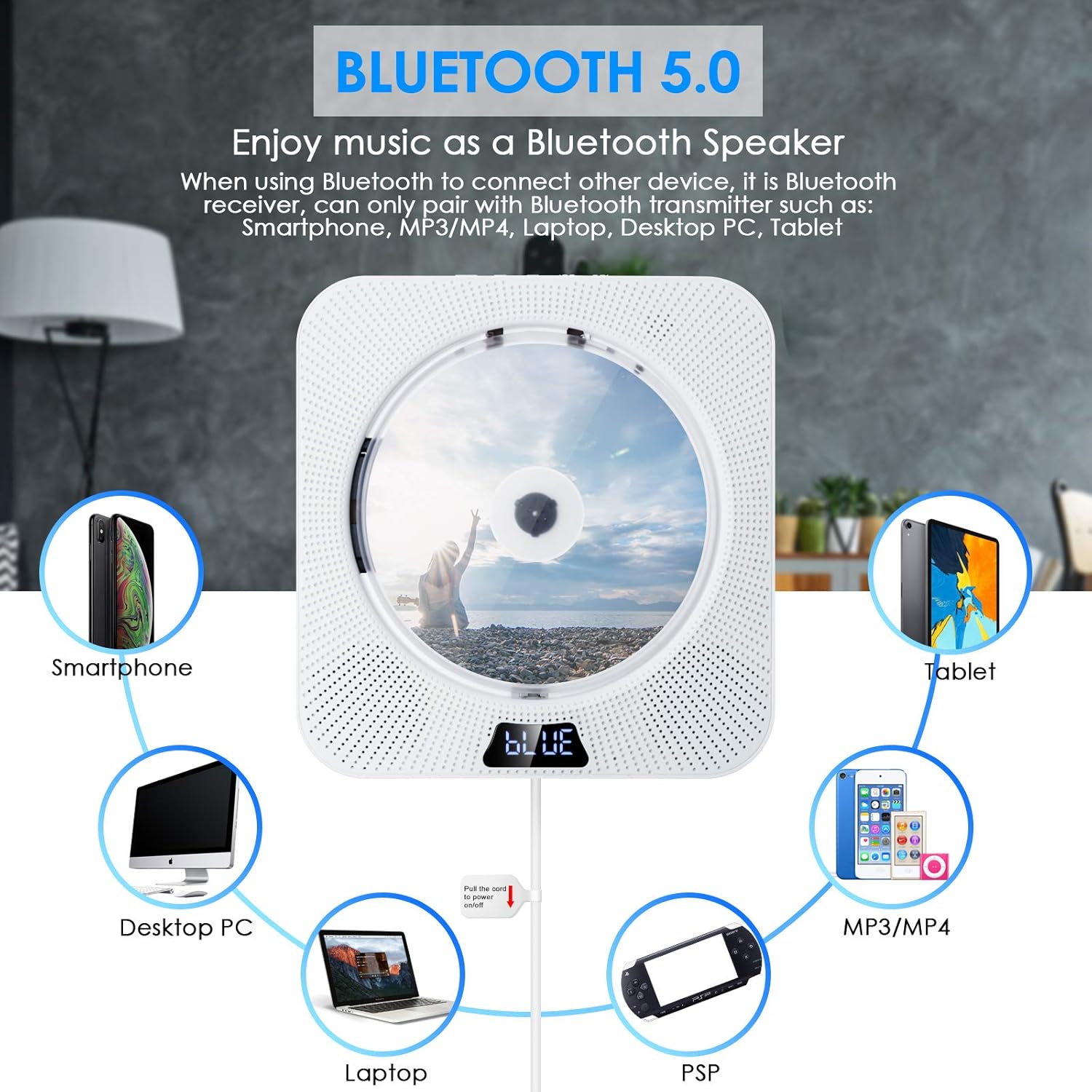 CD Player Portable with Bluetooth Wall Mountable CD Music Player Personal Home Audio Boombox Built-in HiFi Speakers FM Radio with Remote Control 3.5MM Headphone AUX Jack Support CD/USB/TF Card