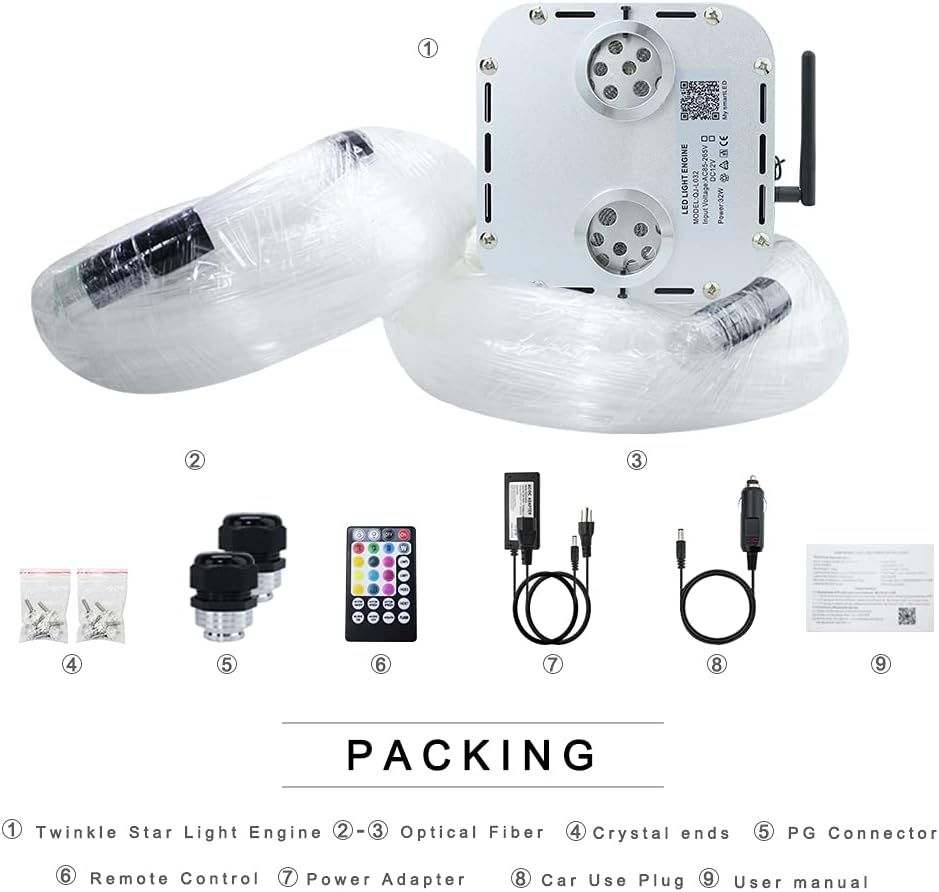 AKEPO Car Home Use 32W RGBW Twinkle+ Sound Activated+ APP Fiber Optic Lights Kit Star Ceiling Sky Light with Total 800pcs in 13.1ft/4m + 9.8ft/3m Long Optical Fiber Cable for Indoor or Interior Decor