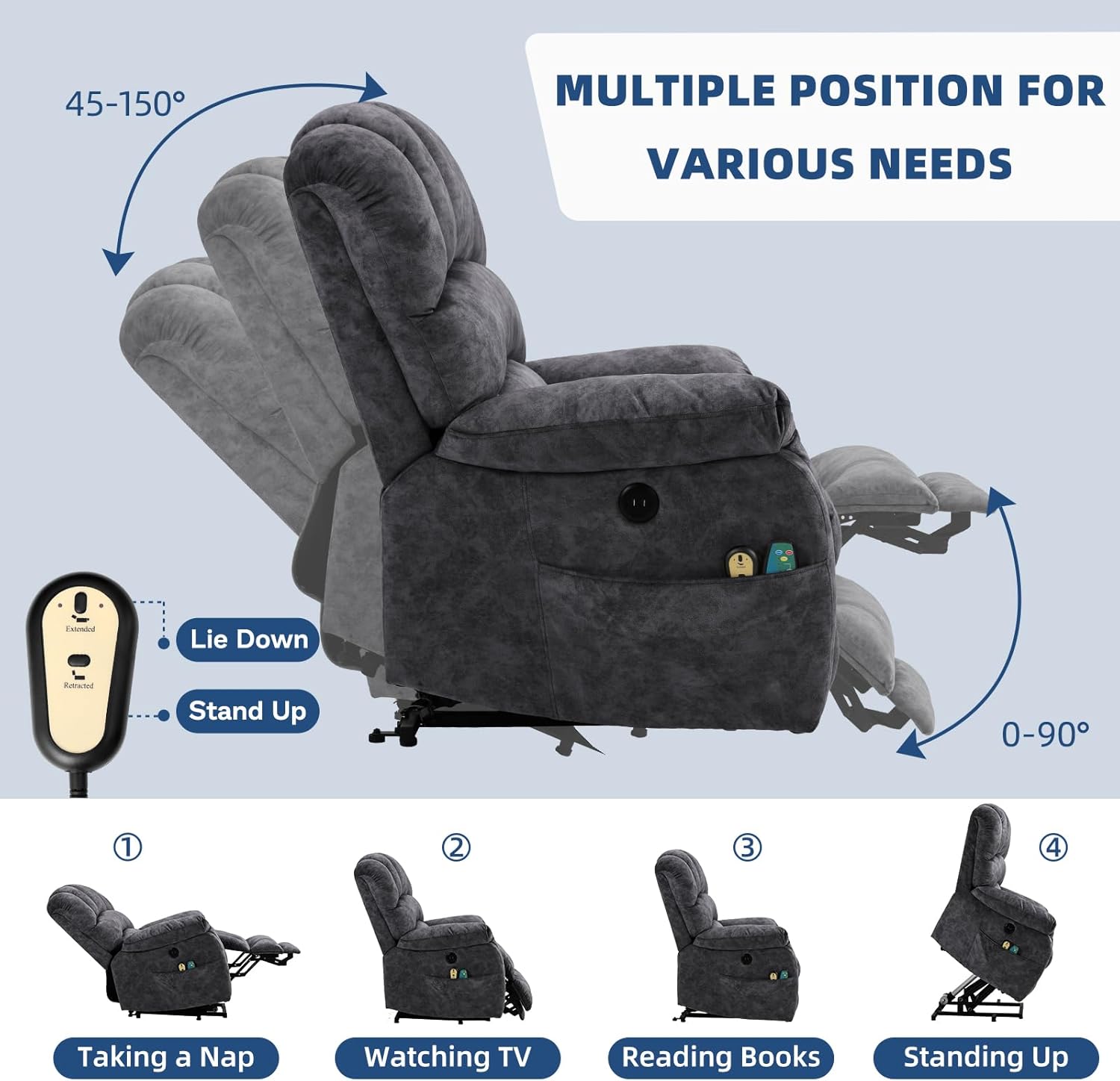 Large Electric Power Lift Recliner Chair with Extended Footrest for Elderly Big Man, Overstuffed Heated Massage Wide Reclining Sofa with 2 Remote Controls, Side Pockets & USB Ports, Gray