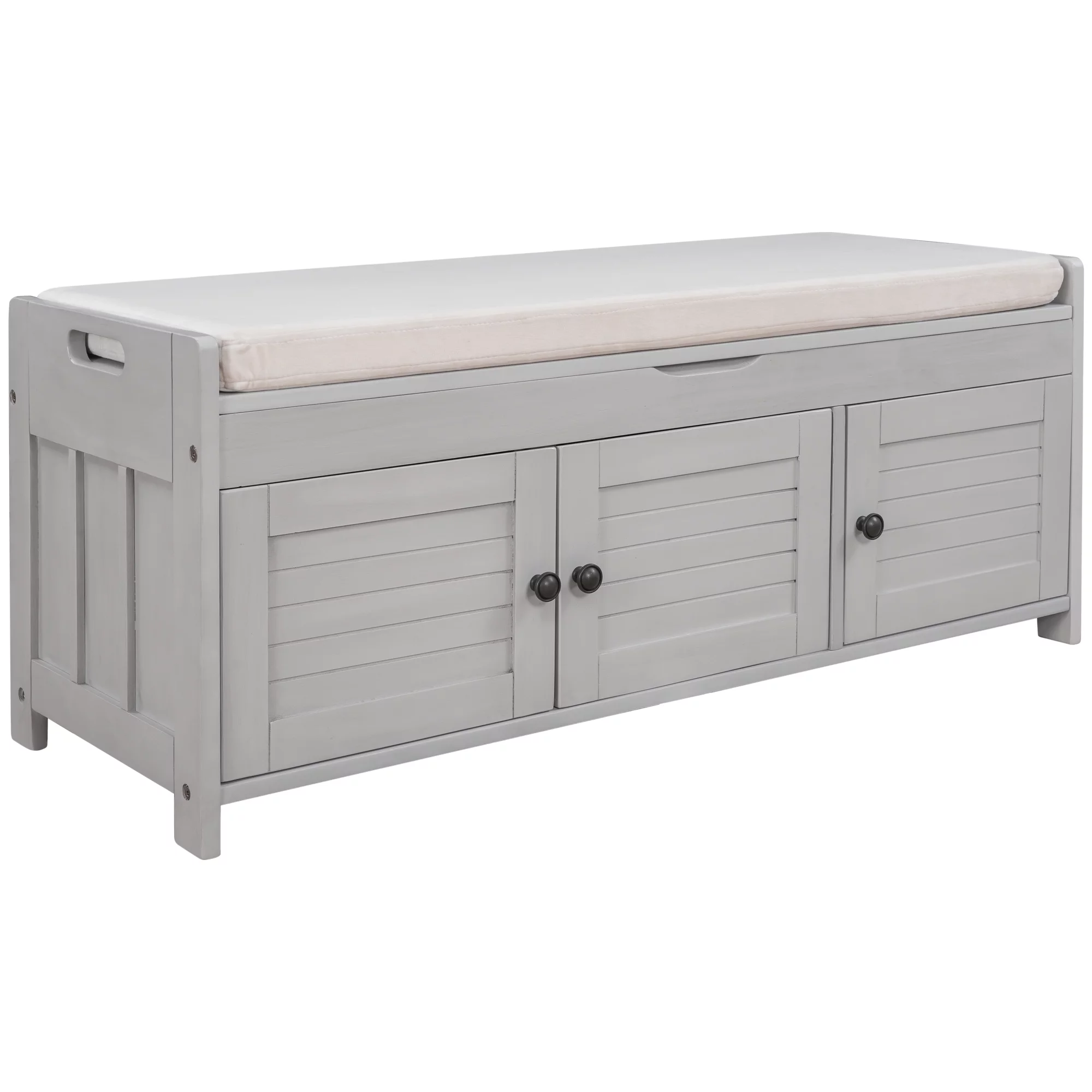 CHURANTY Entryway Storage Bench with Cushion Woodenb Shoe bench with Seat, 3 Shutter-shaped Doors, Hidden Storage Space,Gray Wash