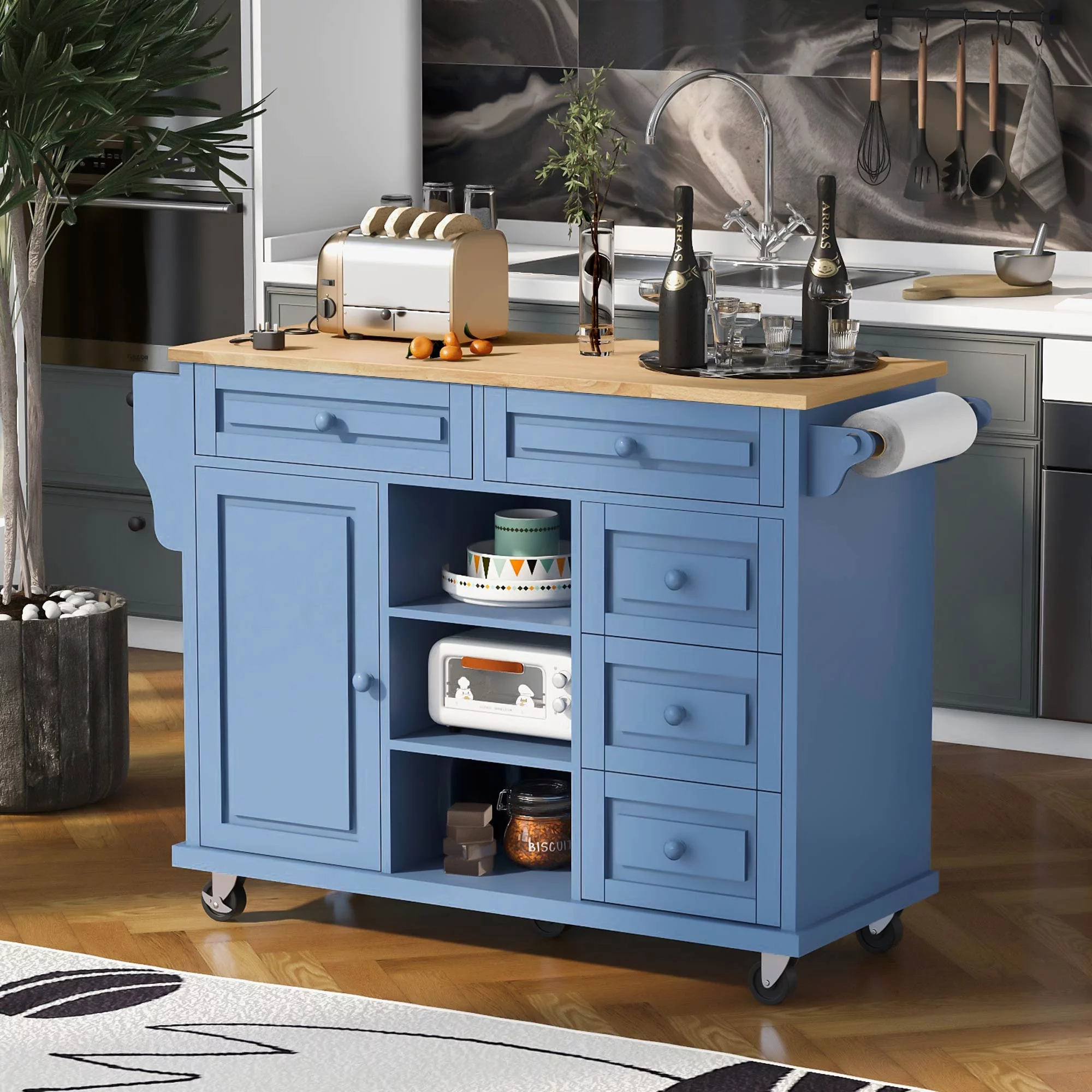 Hombay Mobile Kitchen Island Cart with Doors Drawers, Rolling Sideboard Storage Cabinet Trolley, Towel Holder, Spice Rack with Lockable Wheels