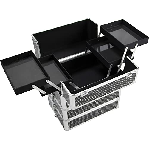 4 in 1 Rolling Makeup Train Case, Aluminum Makeup Travel Organizer Cosmetic Case, Cosmetology Display Suitcase on Wheels, Beauty Storage Luggage Lockable w/4 Removable Wheels(Silver)