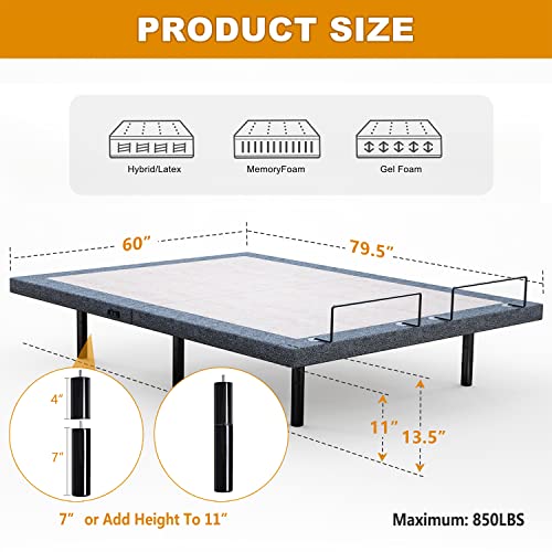 Adjustable Bed Frame Twin XL Quick Assembly Adjustable Bed Base Electric Bed Frame with Wireless Remote Independent Head and Foot Incline Dual USB Charging Ports Under Bed Nightlight Side