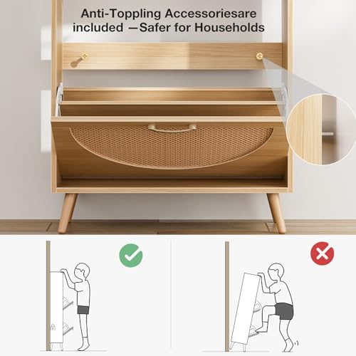 LED Rattan Shoe Storage Cabinet with 2 Flip Drawers,Freestanding Narrow Shoe Organizer Rack Slim Wood for Entryway,Foyer,Hallway,Living Room,Natural
