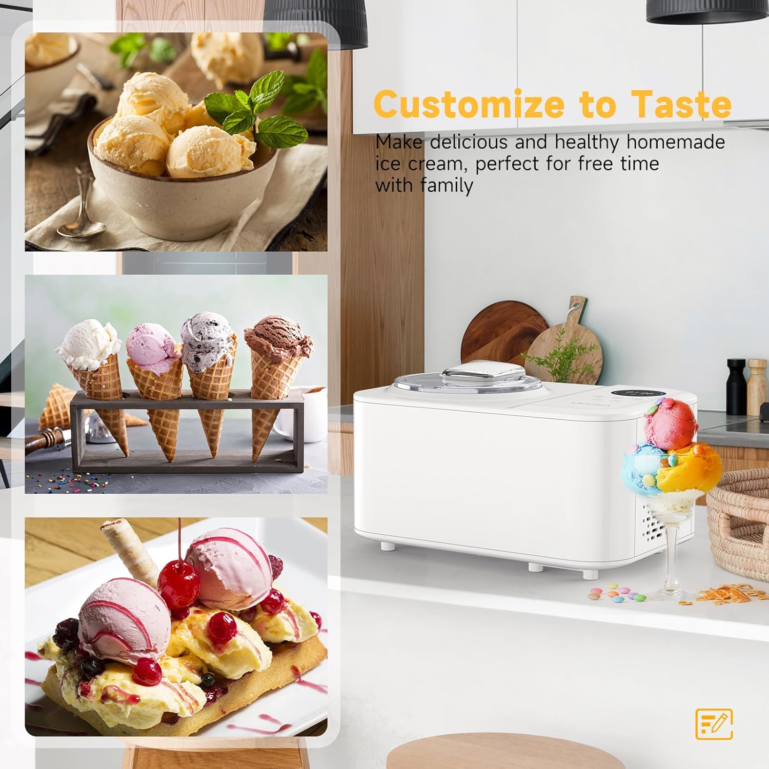 Ice Cream Maker for Home: 1.2L Automatic Ice Cream Maker Machine with LCD Display, Stainless Steel Homemade Ice Cream Maker Machine with Compressor for Kids, Home, Holiday