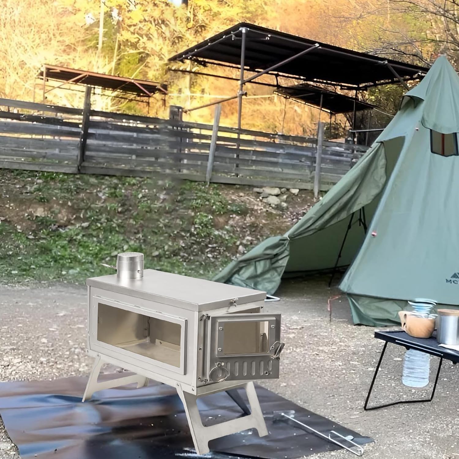 Camping Wood Stove,Hot Tents folding furnace bbq Wood Stove Stainless Steel With Folding Pipe Portable Wood Stove For Camping chimney Pipes for Tents Shelter Heating Outdoor Cooking