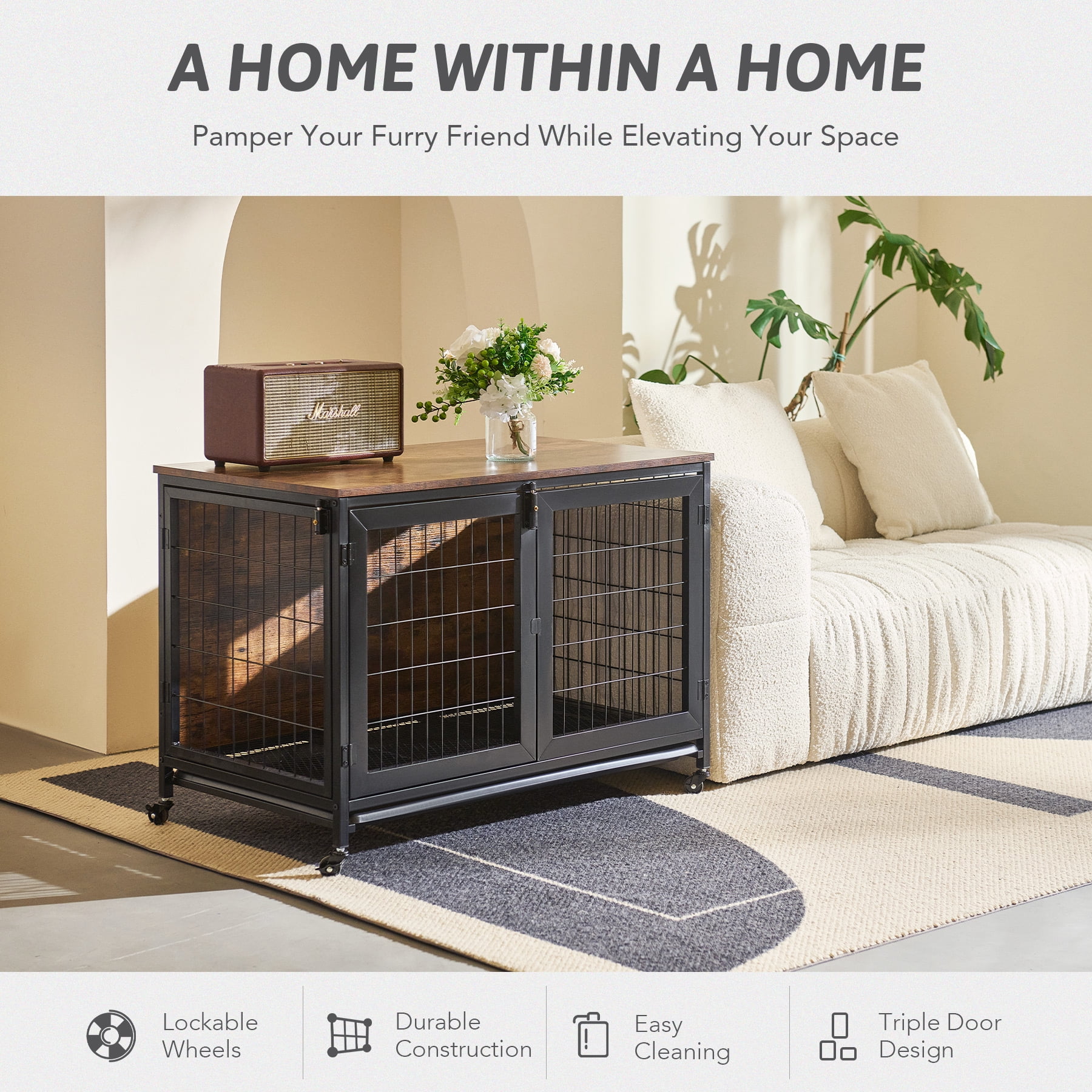 CO-Z Wooden Dog Crate End Table Triple Door Kennel with Wheels for Large Medium Dogs