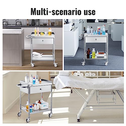 VEVOR Shelf Stainless Steel Utility Cart Catering Cart with Wheels Medical Dental Lab Cart Rolling Cart Commercial Wheel Dolly Restaurant Dinging Utility Services (2 Shelves/ 1 Drawer)