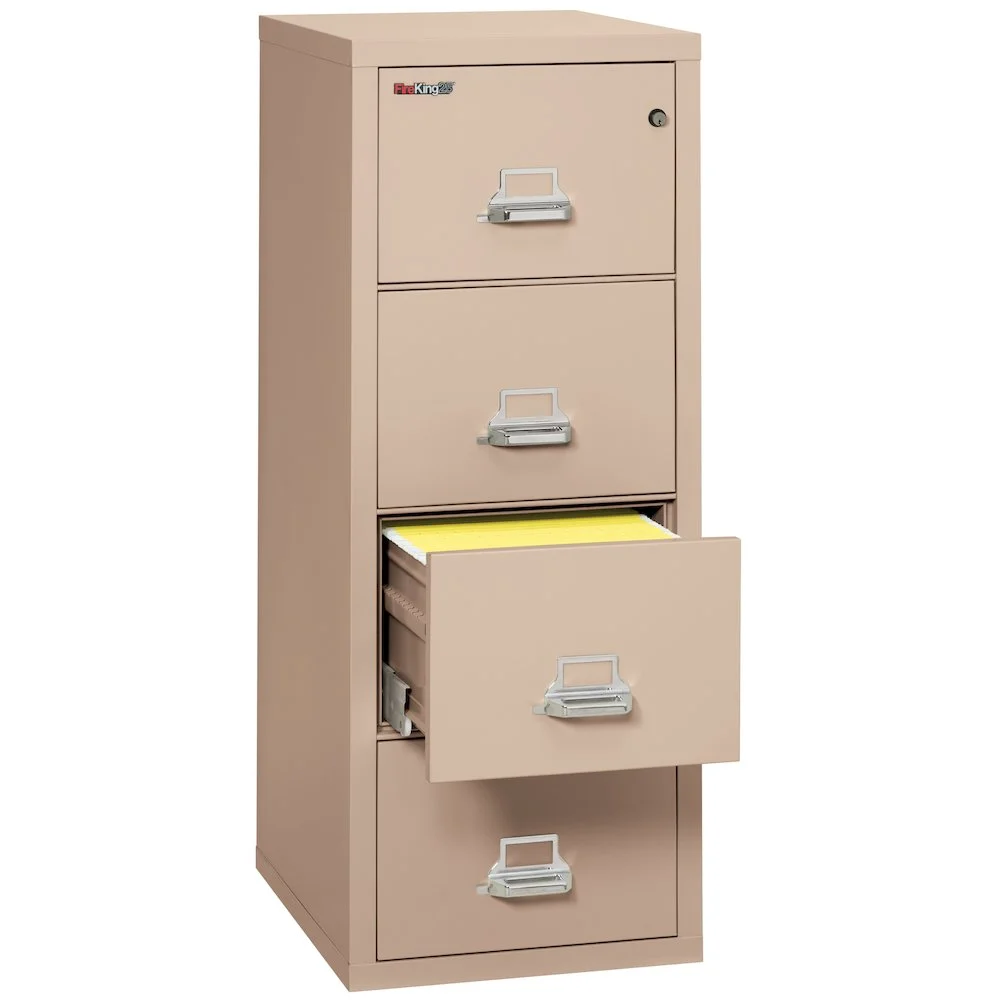 FireKing 25 Four-Drawer, Vertical Fire Resistant File Cabinet, 25" Depth Letter Size, 1-Hour Fire Resistant, Impact Rated Cabinet With Heavy-Duty Keylock, Champagne
