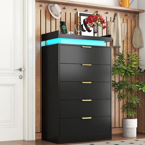 White Dresser with LED Lights, Wooden LED Dresser, 4 Drawer Chest with Charging Station, Tall Chest of Drawer Closet Organizer for Bedroom, Living Room, Entryway, Hallway