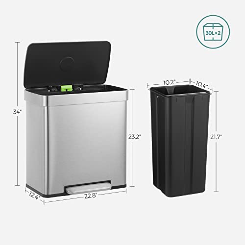 SONGMICS Kitchen Trash Can, 16 Gallons (2 x 8 Gallons) Dual Compartment Garbage Can, 60L Pedal Recycling Bin, Stay-Open Lid and Soft Closure, Stainless Steel, 15 Bags Included, Silver ULTB202E01