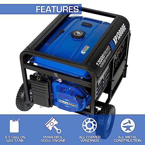 DuroMax XP12000EH 12,000-Watt Dual Fuel Portable Generator – Gas & Propane, Electric Start, Whole Home Backup Power, Transfer Switch Ready, RV & Emergency Ready