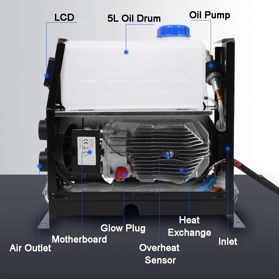 All in One Intelligent Diesel Heater, 12V/24V, 5KW Parking Heater，Diesel Heater with Smart LCD Display, 5L Fuel Tank and Remote Control