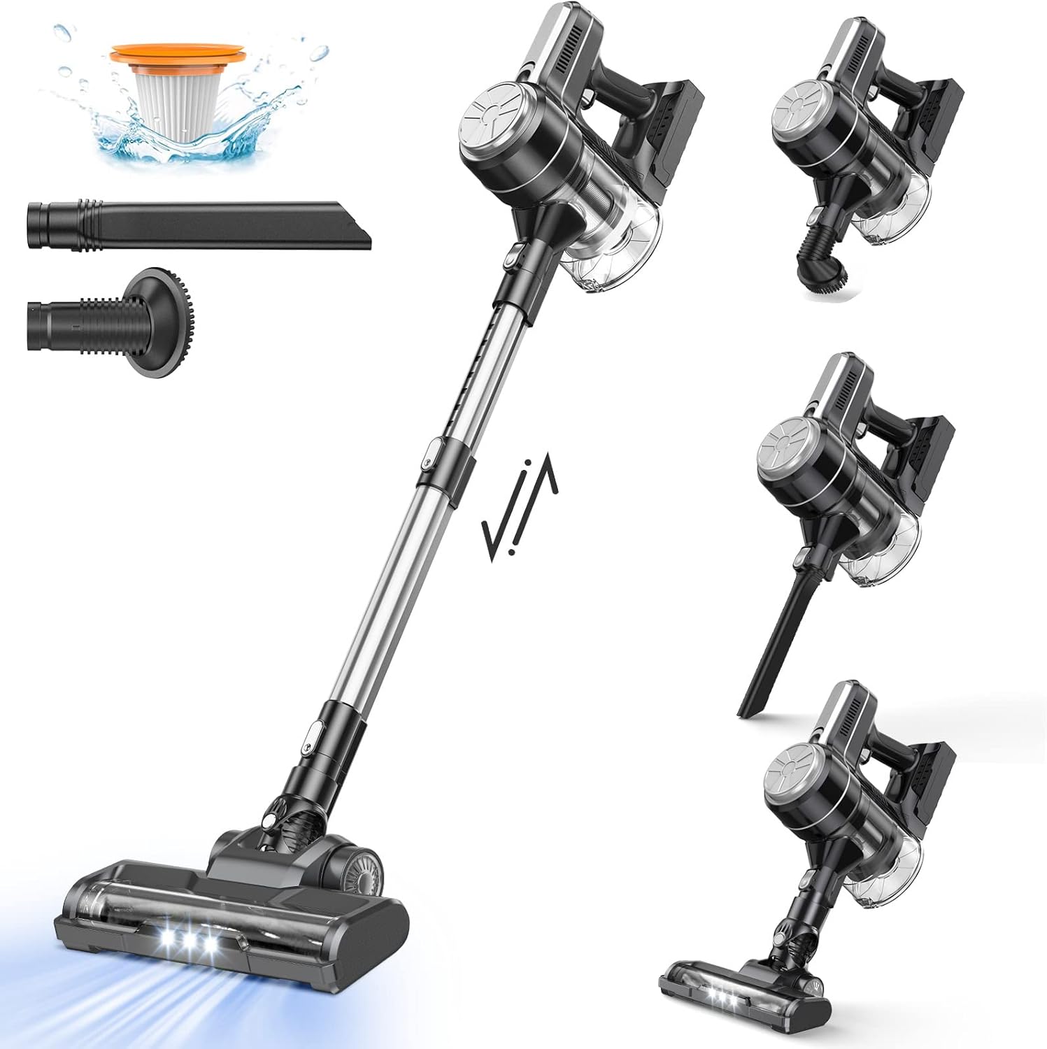 Cordless Vacuum Cleaner, 28kPa Powerful Stick Cordless Vacuum Cleaner, 40 Running Mins, Removable Battery, 1.5 L Dust Cup, LED Light, Suitable for Carpets Hard Floors Pet Hair,Dark Silver