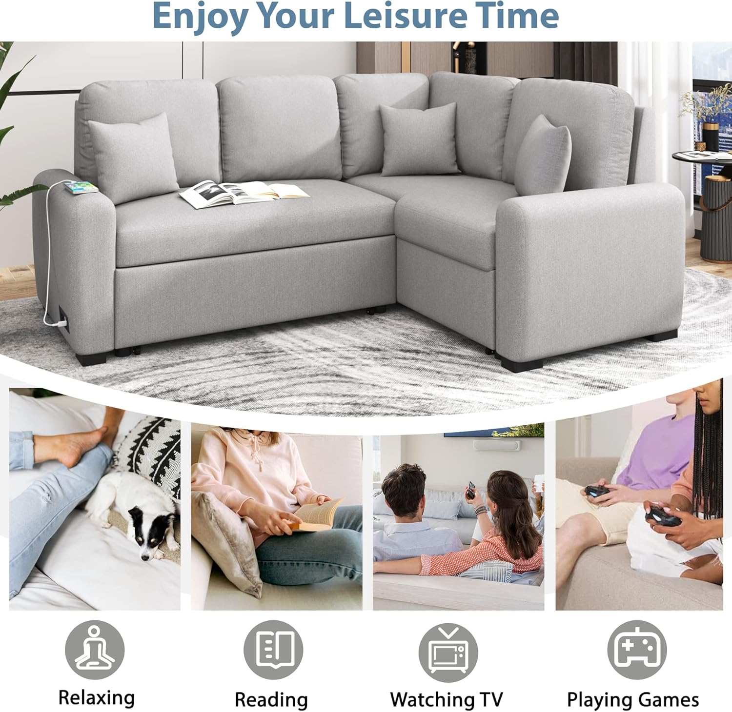LUMISOL 87.4" L-Shape Sectional Sofa with USB Charging Port and Plug Outlet, Pull-Out Sofa Bed with 3 Pillows for Living Room Small Apartment, Grey
