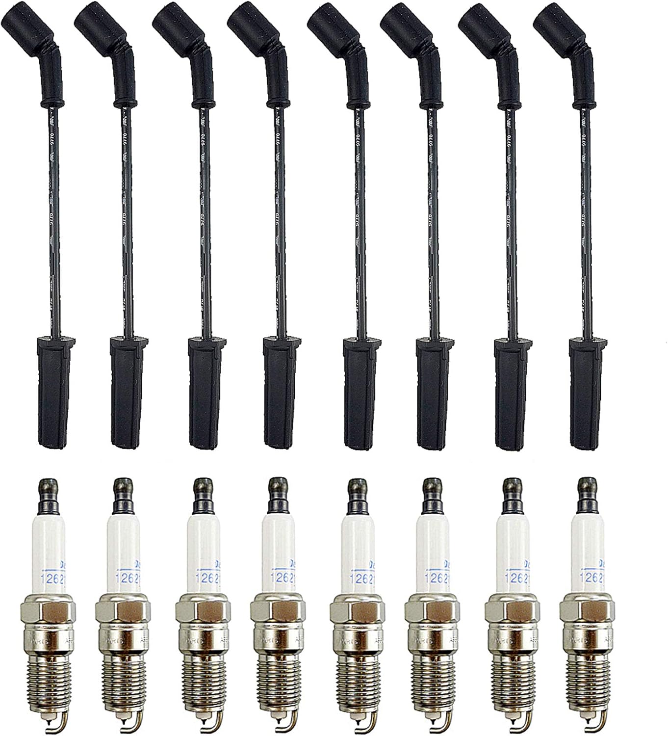 41-962 Spark Plugs + 9748HH Spark Plug Wires Fits for Chevrolet Silverado Suburban Avalanche Camaro Colorado Express Tahoe GMC Yukon Savana 1500 2500 Sierra Pontiac G8 Cadillac Escalade Hummer H2 H3 Pack of 2