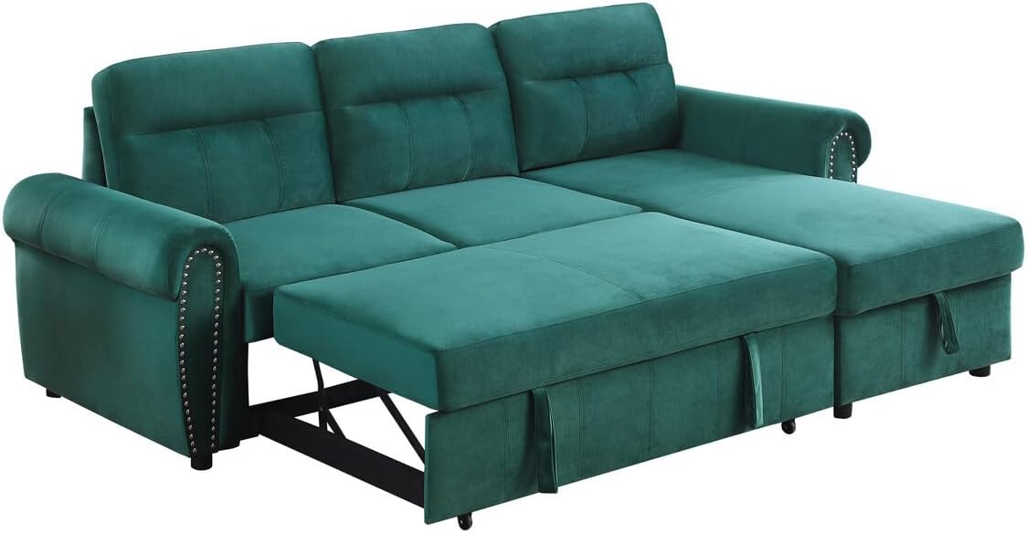 96Inch Convertible L Shaped Sleeper Sectional Sofa Velvet with Storage Chaise, Pull Out Bed,Reversible Corner Couch Design, Green