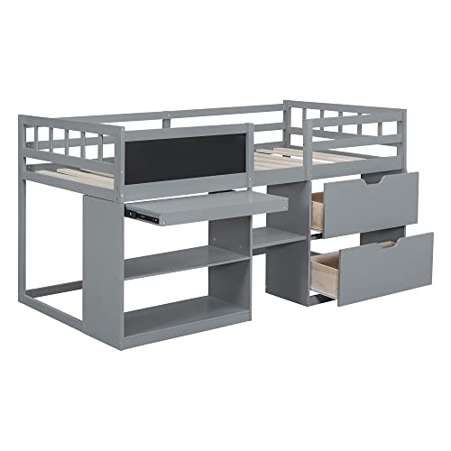 Twin Size Wood Loft Bed with Desk and Drawers, Convertible Shelves, Cabinet and Ladder, for Kids Teens, White